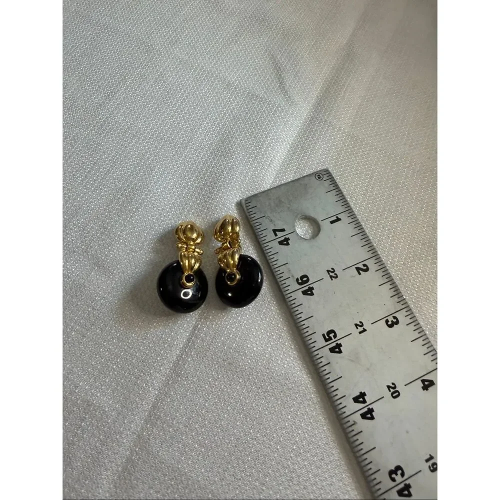 Joan Rivers Door Knocker Clip On Earrings Gold Tone Black Disc Vintage Signed